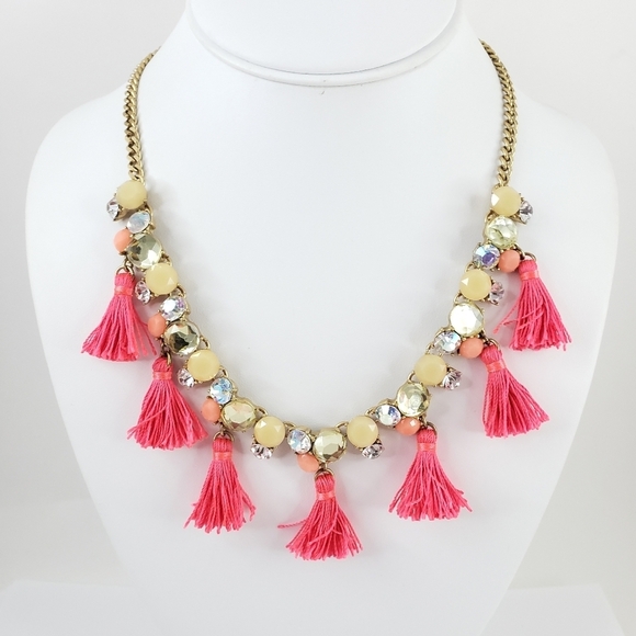 J. Crew necklace pink tassels aurora borealis rhinestones A0302 - Picture 2 of 11